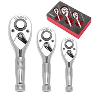 TOMMARS Stubby Ratchet Set, 1/4\", 3/8\", 1/2\" Drive Ratchet Handle Wrench 72-Tooth Quick-Release Reversible