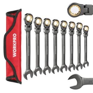 WORKPRO 8-piece Flex-Head Ratcheting Combination Wrench Set, SAE 5/16-3/4 in, 72-Teeth, Cr-V Constructed, Nickel Plating with Organizer Bag